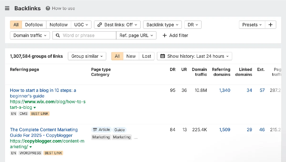 Ahrefs Site Explorer 截图，展示某网站的反向链接数据