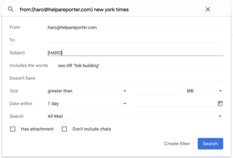 添加 Gmail 筛选器以筛拣 HARO 机会