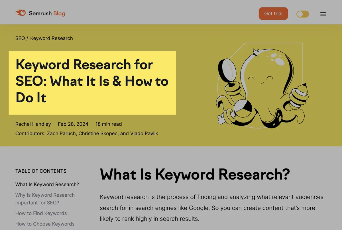 Semrush 博客的 H1 标题：“Keyword Research for SEO: What It Is & How to Do It”