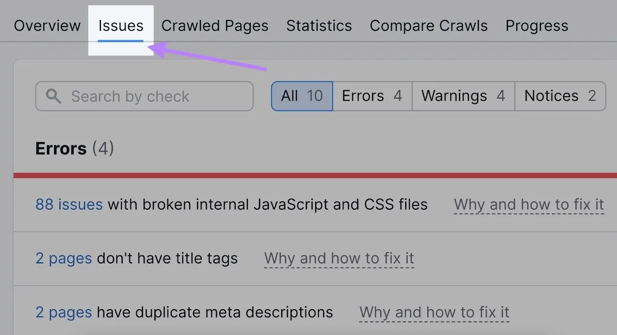 Site Audit 中突出显示的“Issues”标签页