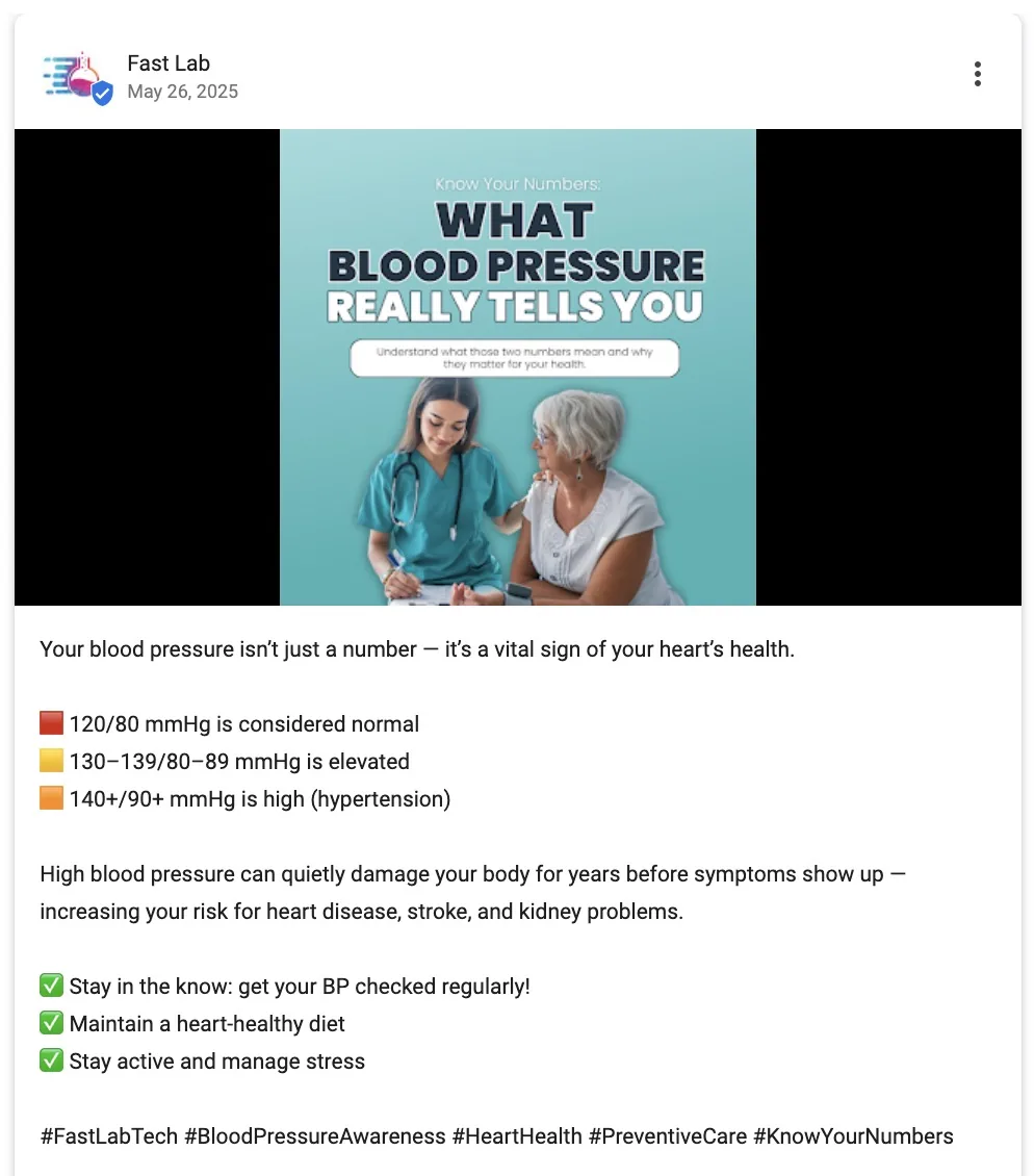 医疗健康企业 Fast Lab 在 Google Business Profile 上发布的帖子，包含简短易懂的教育性内容。