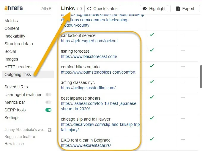 用 Ahrefs' SEO Toolbar 找到的出站链接