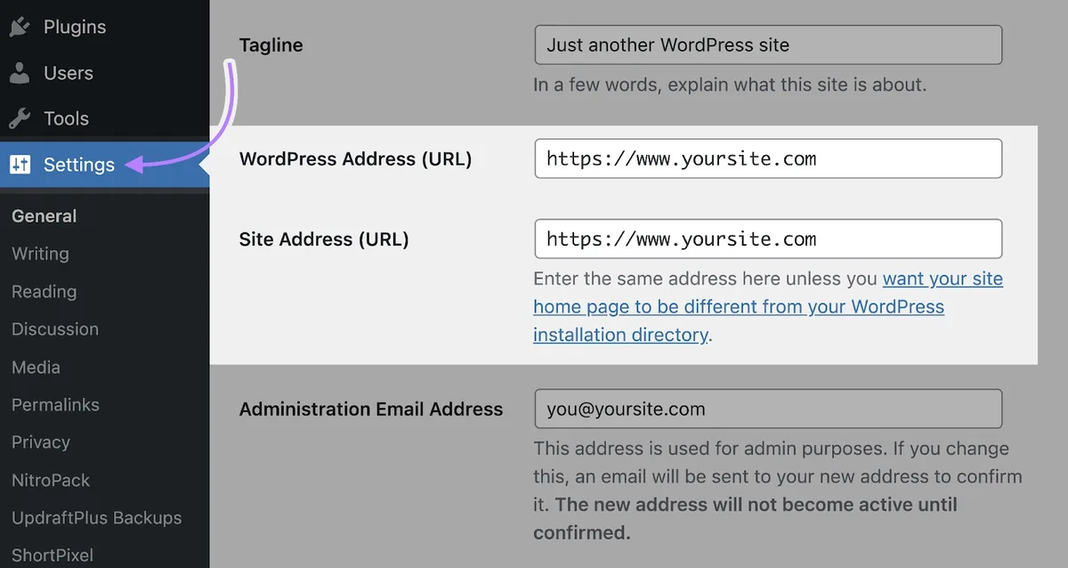 WordPress 设置中突出显示的“WordPress Address (URL)”和“Site Address (URL)”字段。