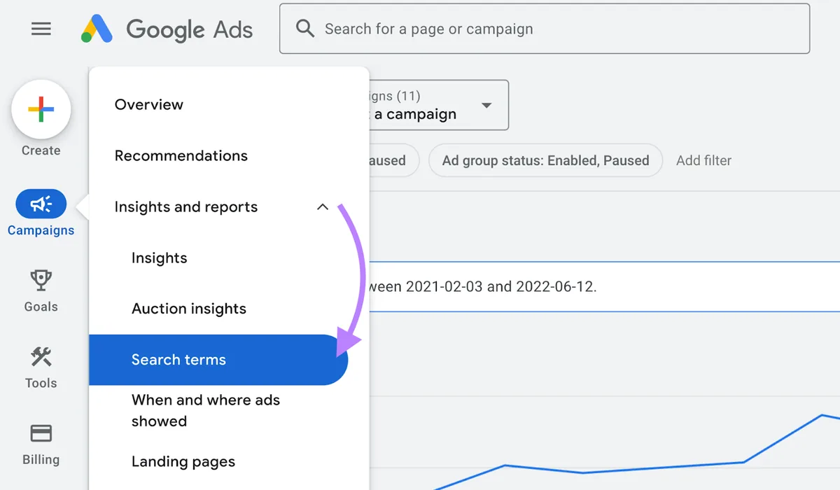 在 Google Ads 中导航至搜索词报告