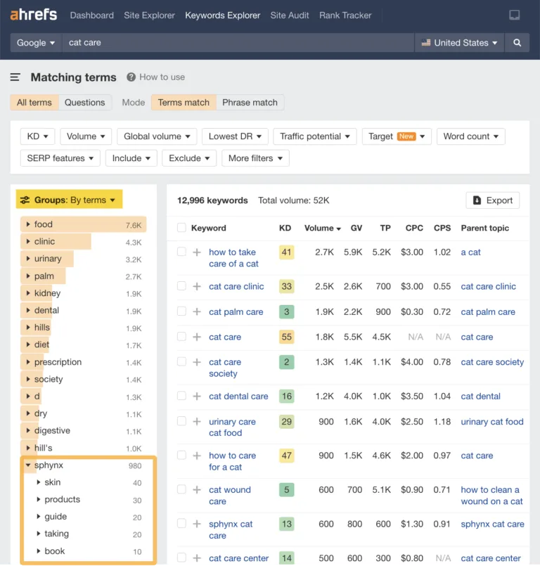 通过 Ahrefs 的 Site Explorer 使用“匹配词项”报告进行关键词研究分组