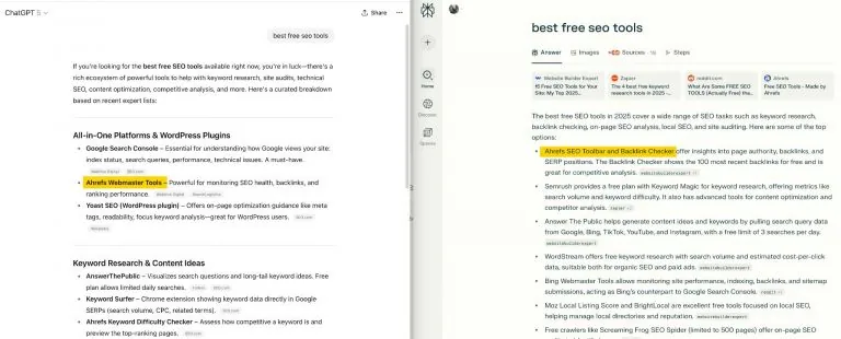 一张并排对比图,展示两个不同的 AI 助手回答提示“best free seo tools”。两者都列出了 Ahrefs Webmaster Tools,但对工具的分类不同,并推荐了其他不同的选项,显示出平台差异。