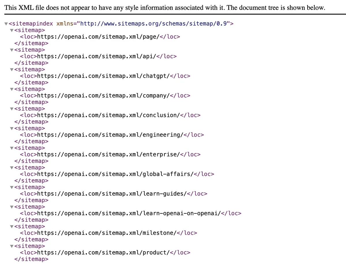 OpenAI 站点地图使用精简的 XML 站点地图,聚焦于其最重要的页面。