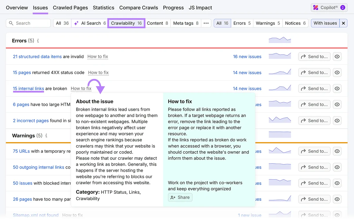 Semrush Site Audit 报告已筛选出可抓取性问题,并展开失效内部链接问题详情