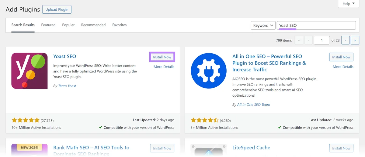 添加插件页面,搜索栏中输入“Yoast SEO”,插件结果中的“Install Now”按钮高亮