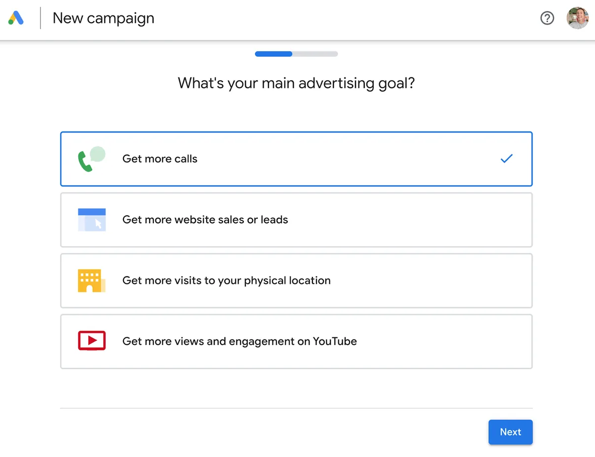 Google Ads 中的“你的主要广告目标是什么？”页面