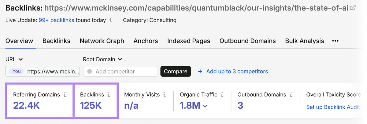 Semrush Backlink Analytics 概览显示某特定 McKinsey URL 的引用域和反向链接