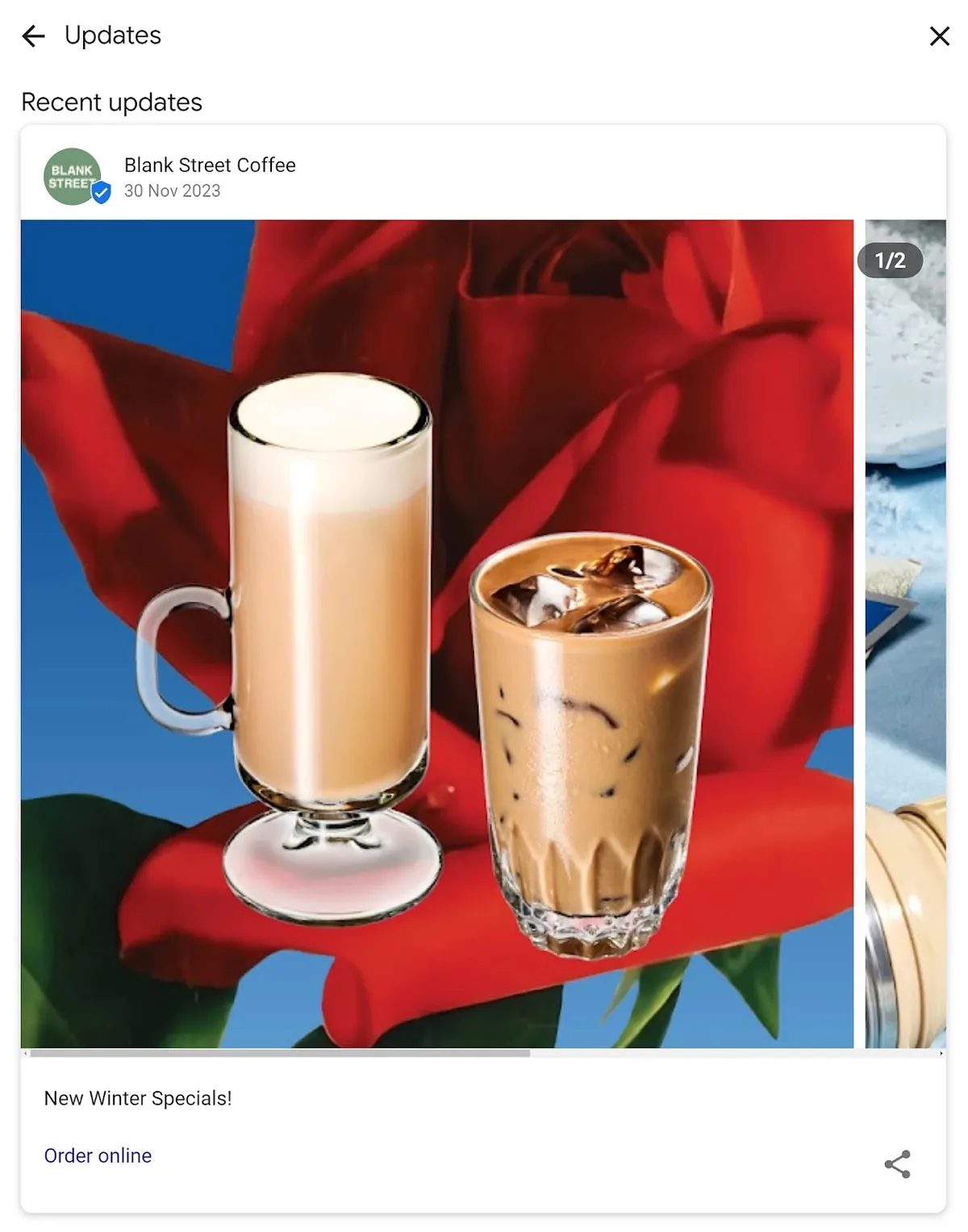 Blank Street Coffee 的 GBP 更新,宣布其冬季特惠
