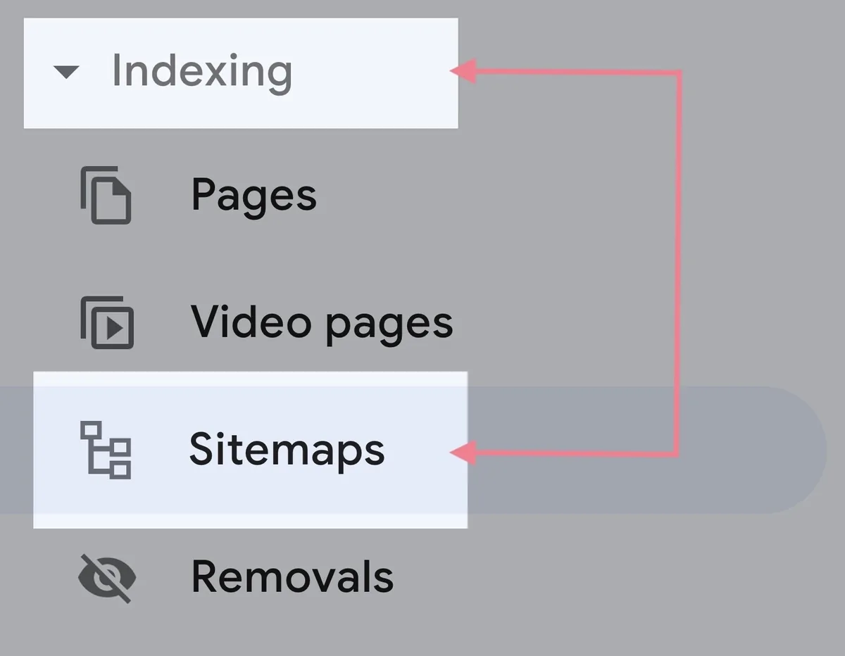 Google Search Console 菜单，已点击“Indexing”部分下的“Sitemaps”