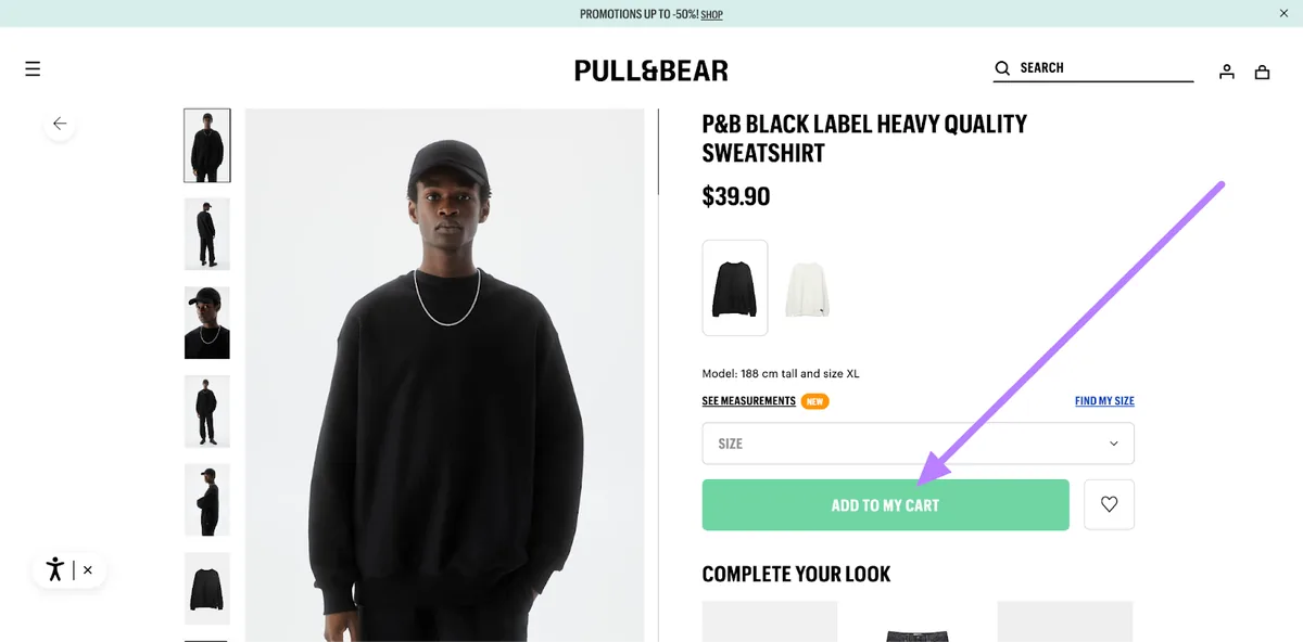 Pull&Bear 的产品着陆页，突出显示“Add to my cart”CTA