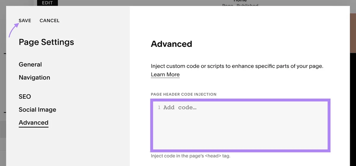 Squarespace 上某页面的高级设置,“Page Header Code Injection”表格和“Save”按钮高亮。
