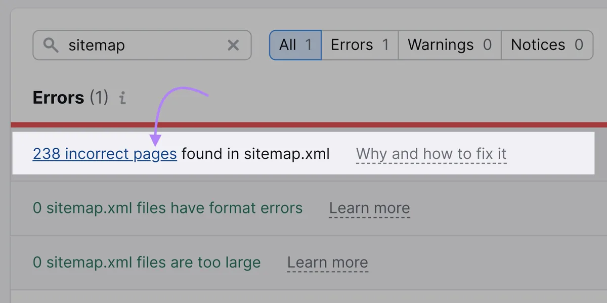 在 Site Audit 的 Issues 中点击的“sitemap.xml 中发现 238 个不正确页面”