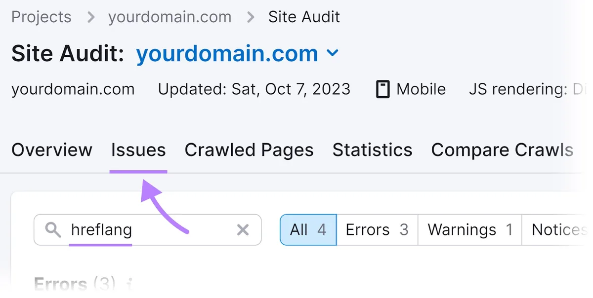 Site Audit 中选中的“Issues”标签页,搜索栏中输入了“hreflang”