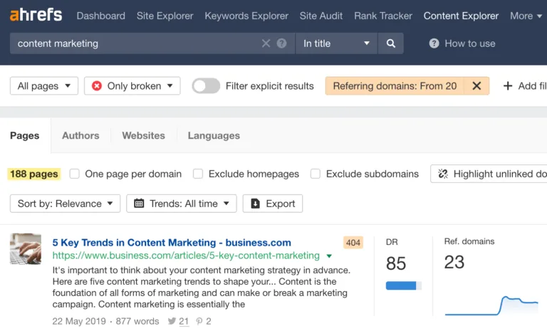 Ahrefs Content Explorer 中拥有 20+ 引用域的失效页面