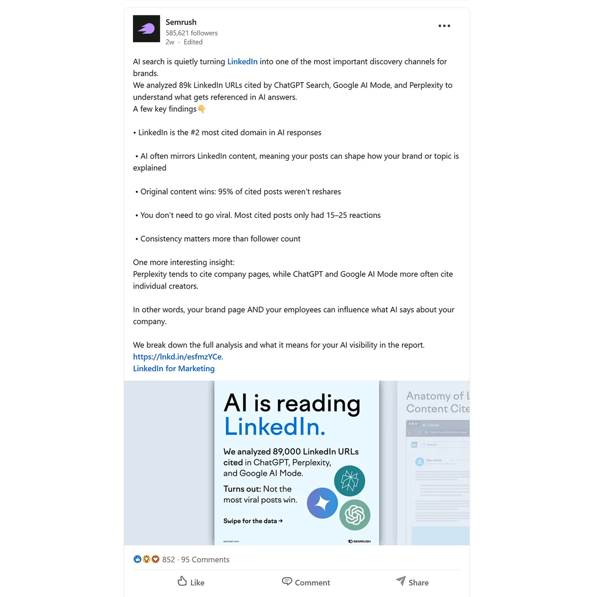 Semrush 发布的 LinkedIn 轮播帖子,概述关于 LinkedIn 内容在 AI 搜索中被引用情况的研究,包含关键发现和互动指标