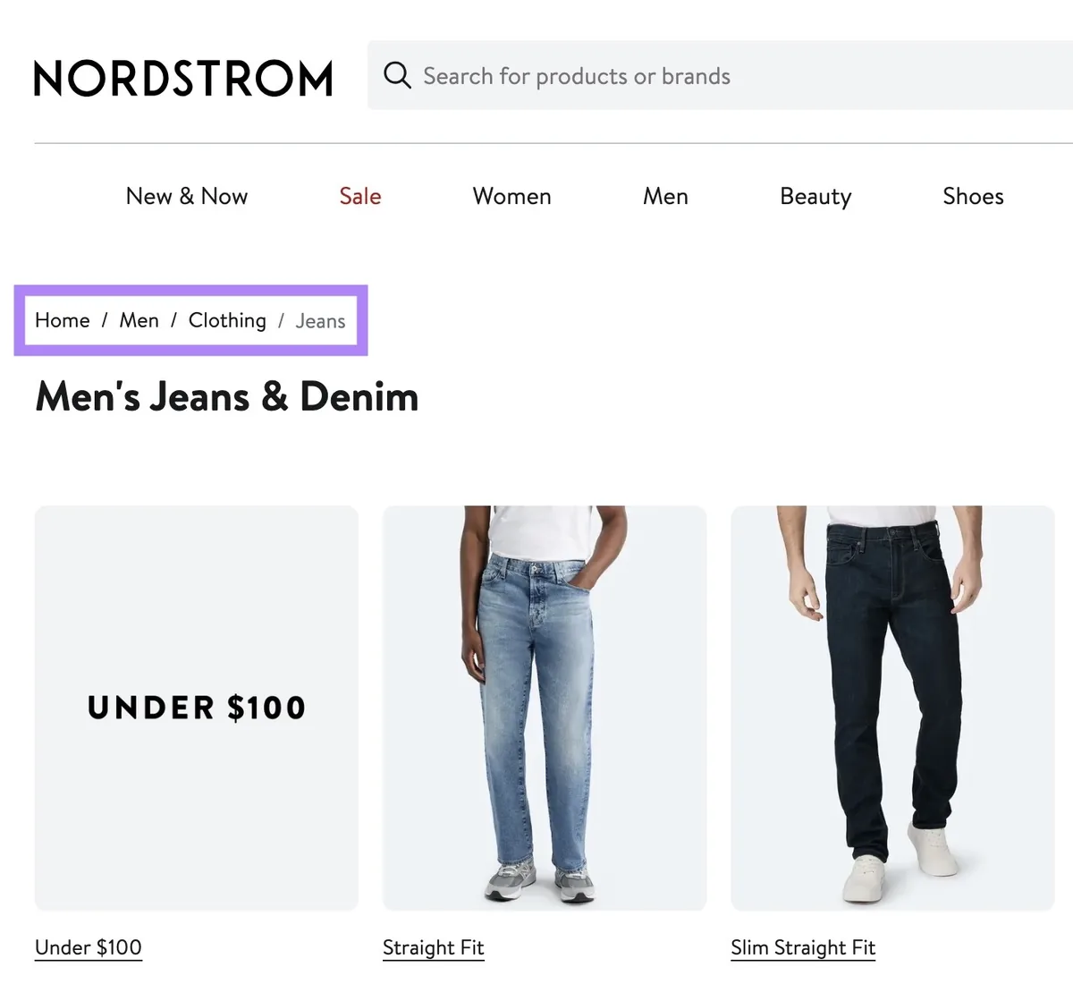 一个网页,页面顶部显示面包屑导航,链接如“Home / Men / Clothing / Jeans”。