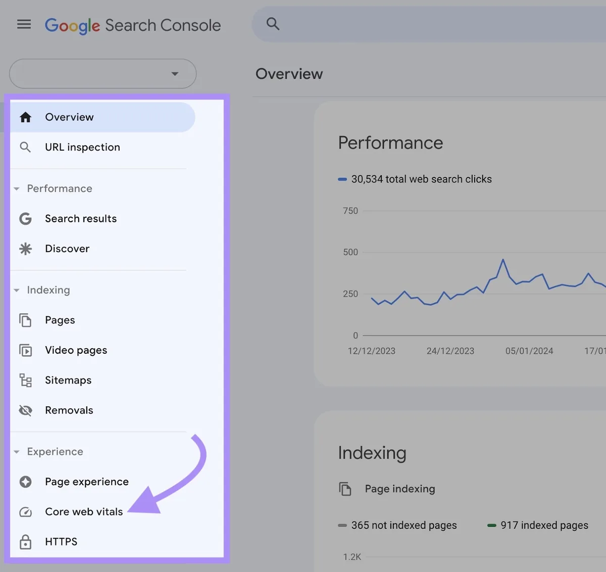 Google Search Console 菜单中突出显示的“Core Web Vitals”按钮
