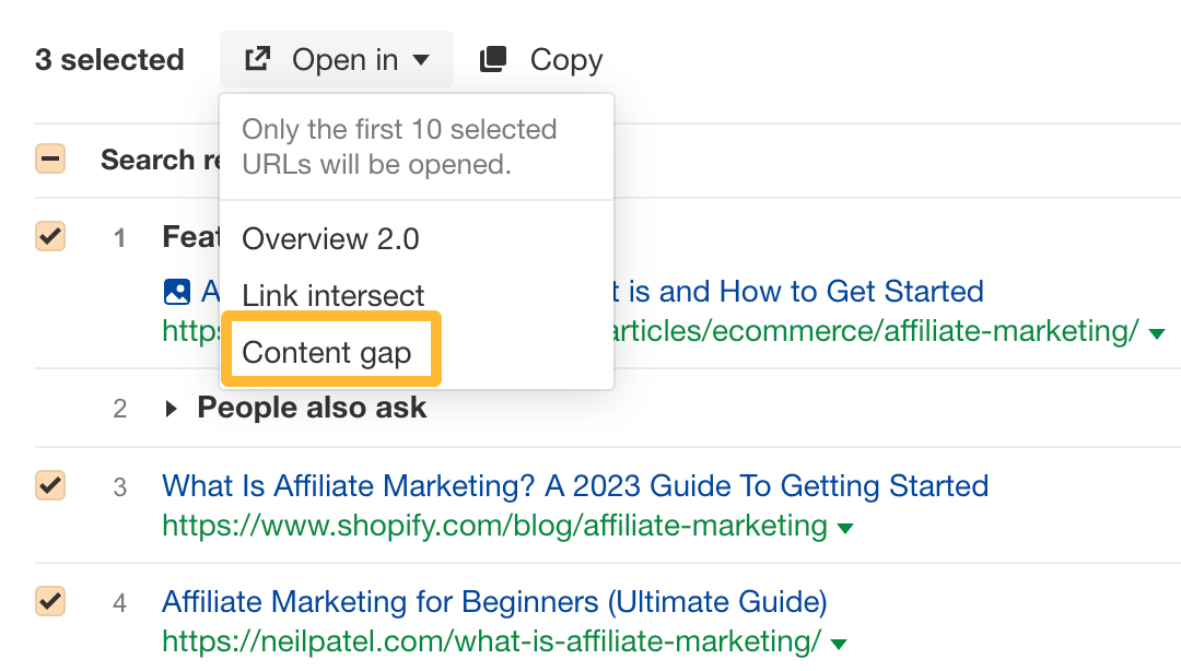 在 Ahrefs' Content Gap 工具中打开排名靠前的页面,以寻找可涵盖的子主题