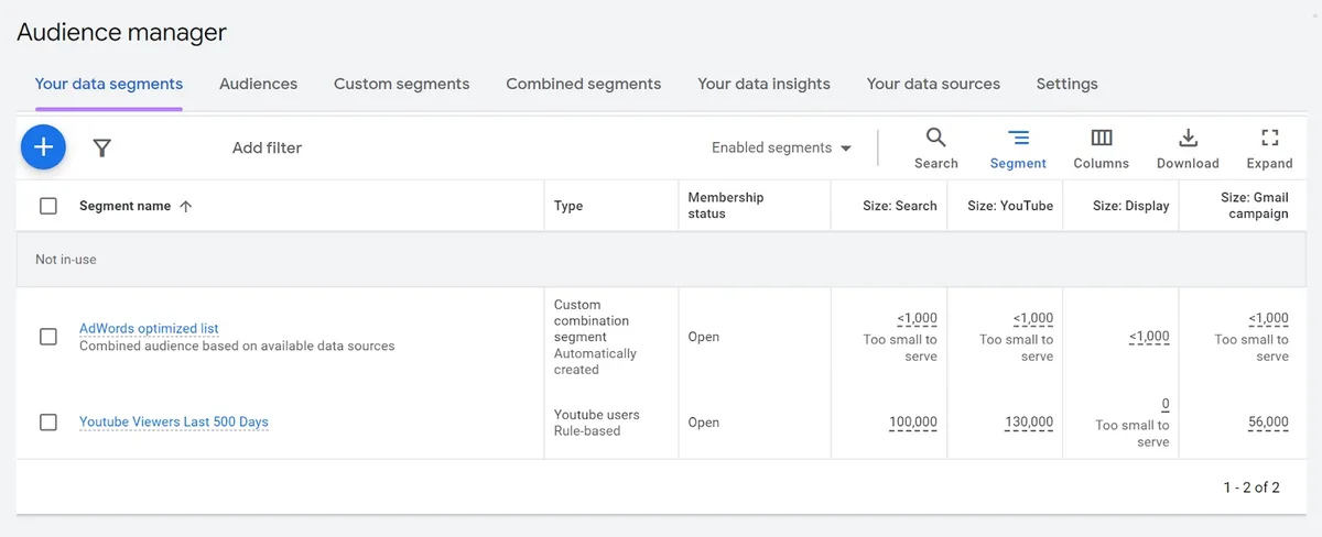 Google Ads 中的受众管理器