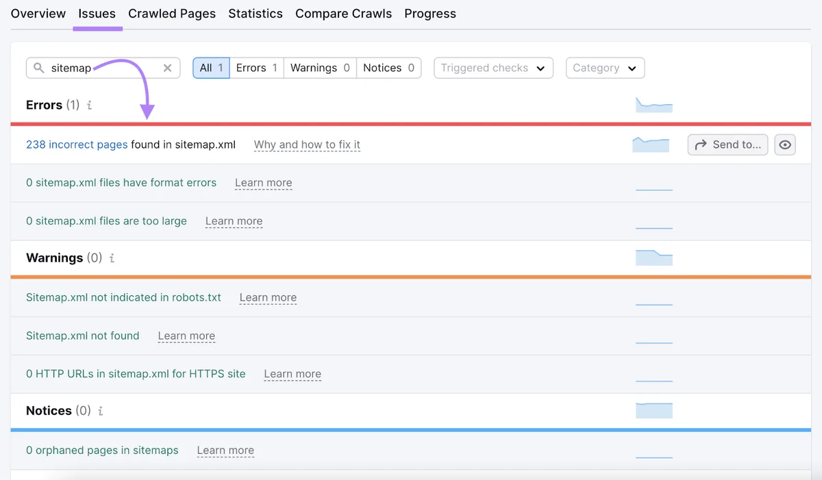 Site Audit Issues 搜索栏输入“sitemap”,显示“238 incorrect pages found in sitemap.xml”