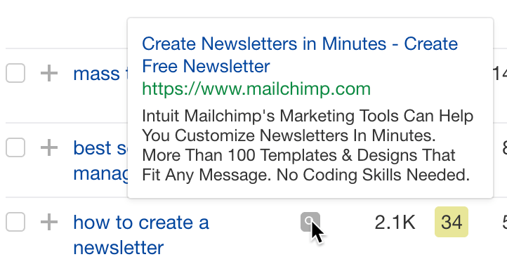 Mailchimp 针对关键词“how to create a newsletter”的 Google 广告