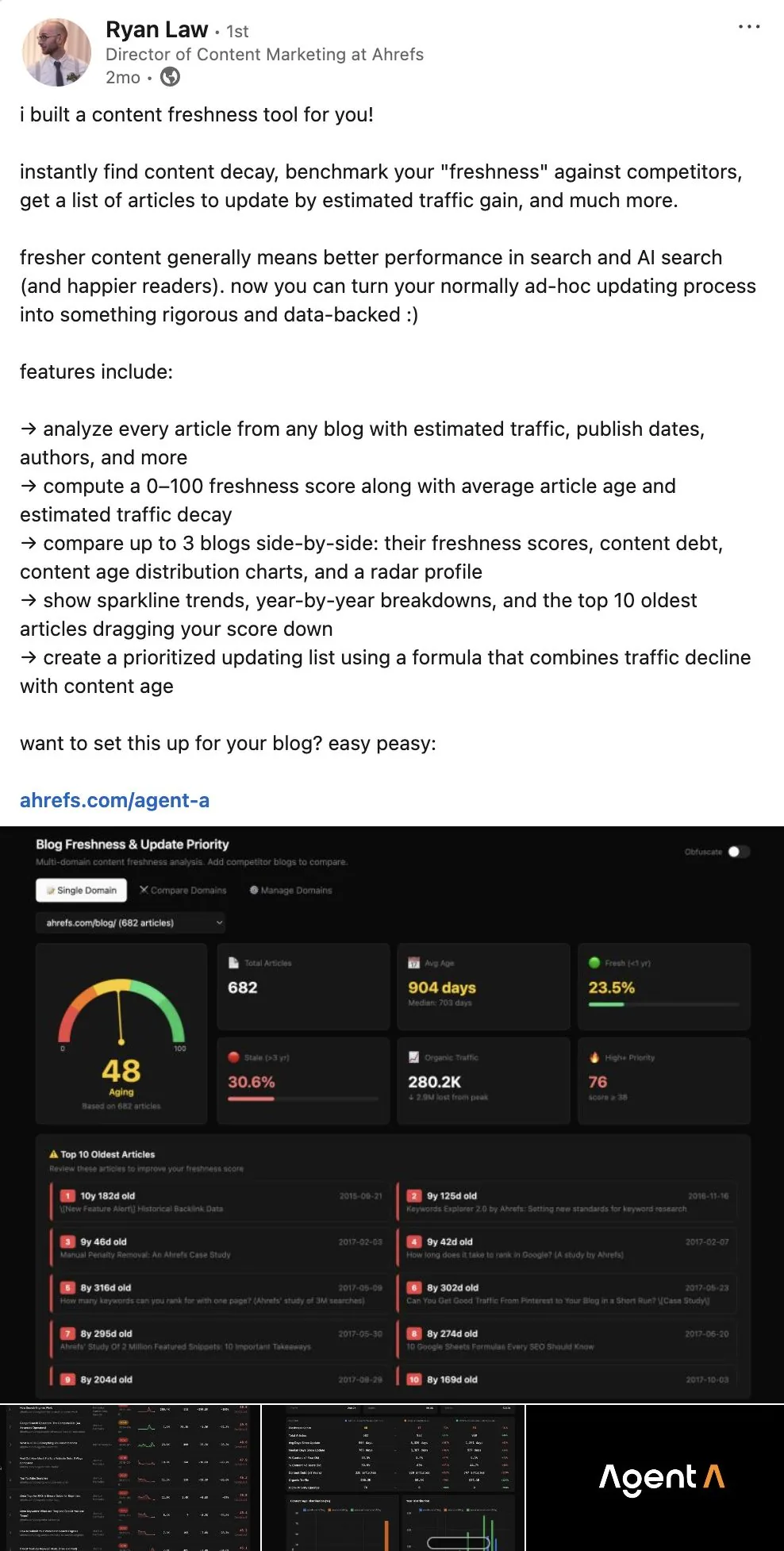 Ryan Law(Ahrefs)关于新内容新鲜度工具的 LinkedIn 帖子,附有其功能的截图。
