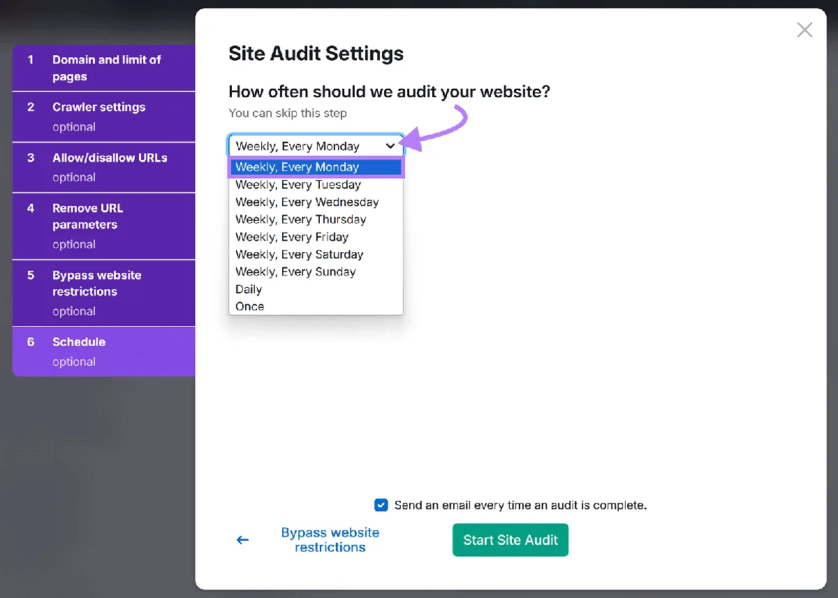 Site Audit Settings 弹窗,打开 Schedule 标签页,下拉显示抓取计划选项。