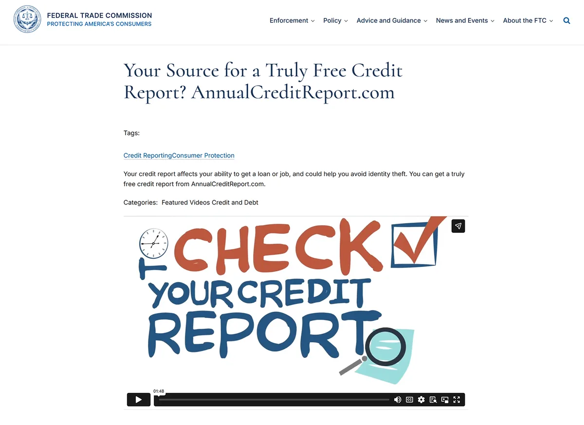 FTC 页面推荐 AnnualCreditReport.com 作为免费信用报告的来源
