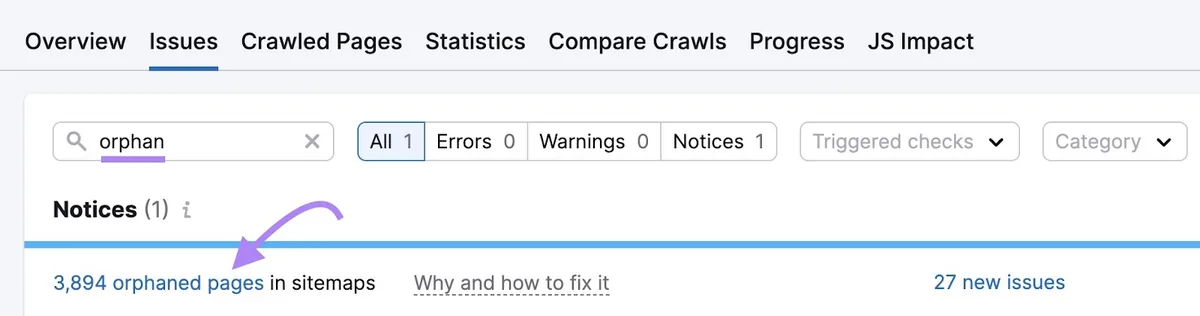 Site Audit Issues 页面,搜索栏输入“orphan”,高亮“3,894 orphaned pages in sitemaps”
