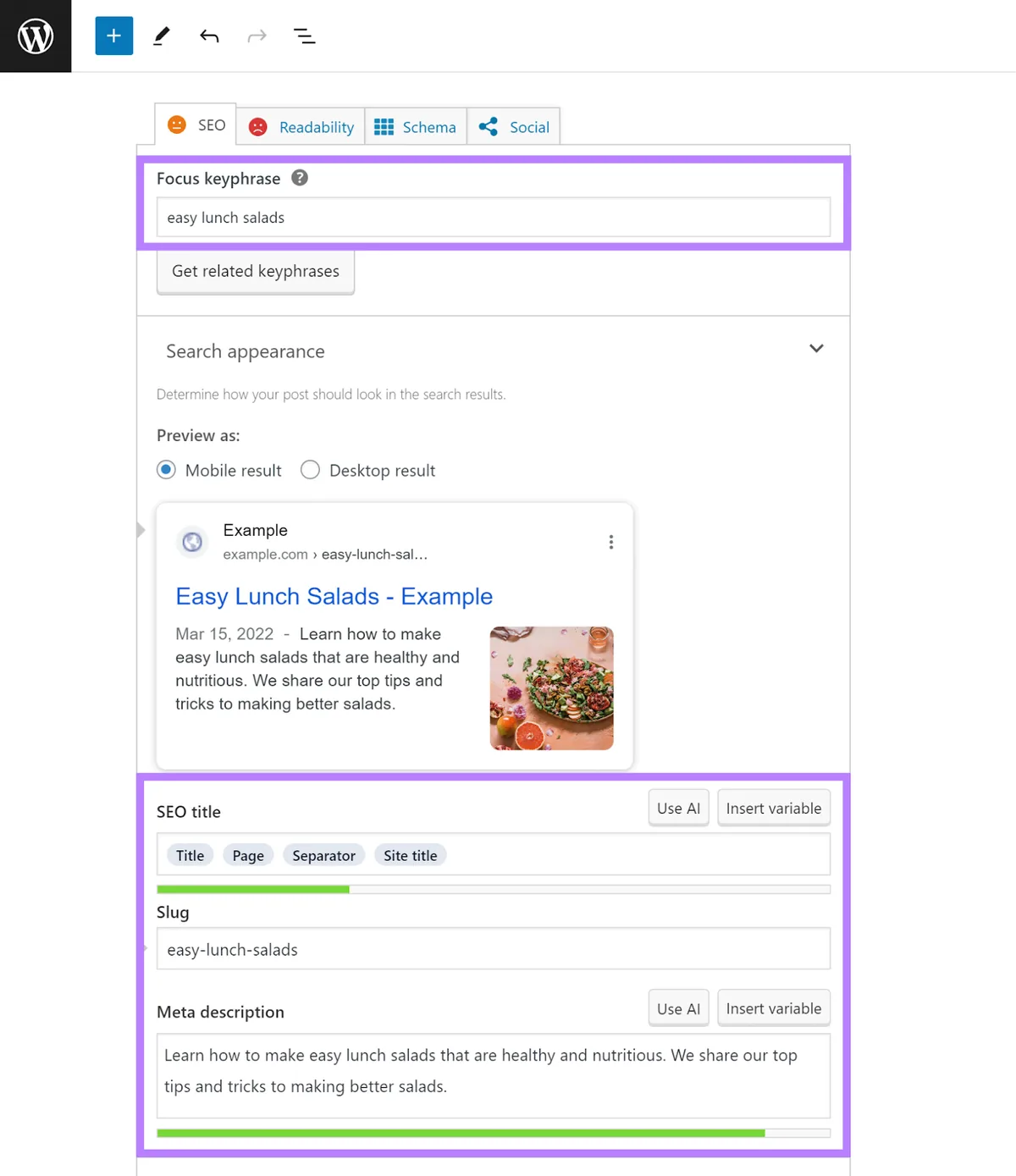 Yoast SEO 区块,高亮 focus keyphrase、title、URL slug 和 meta description 字段