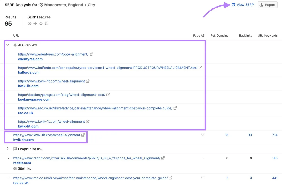Keyword Overview 上的 SERP Analysis，显示某词条的顶级排名 URL 列表，并突出显示 View SERP 按钮。