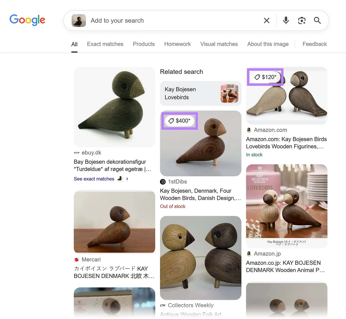 木制牡丹鹦鹉摆件的 Google 视觉搜索结果,商品价格已高亮显示