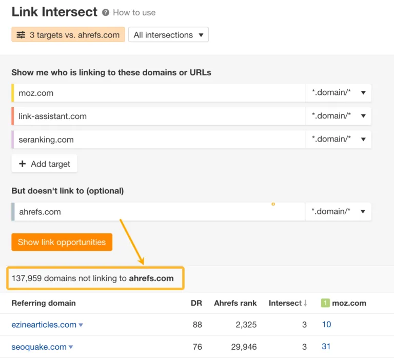 Ahrefs Link Intersect 工具