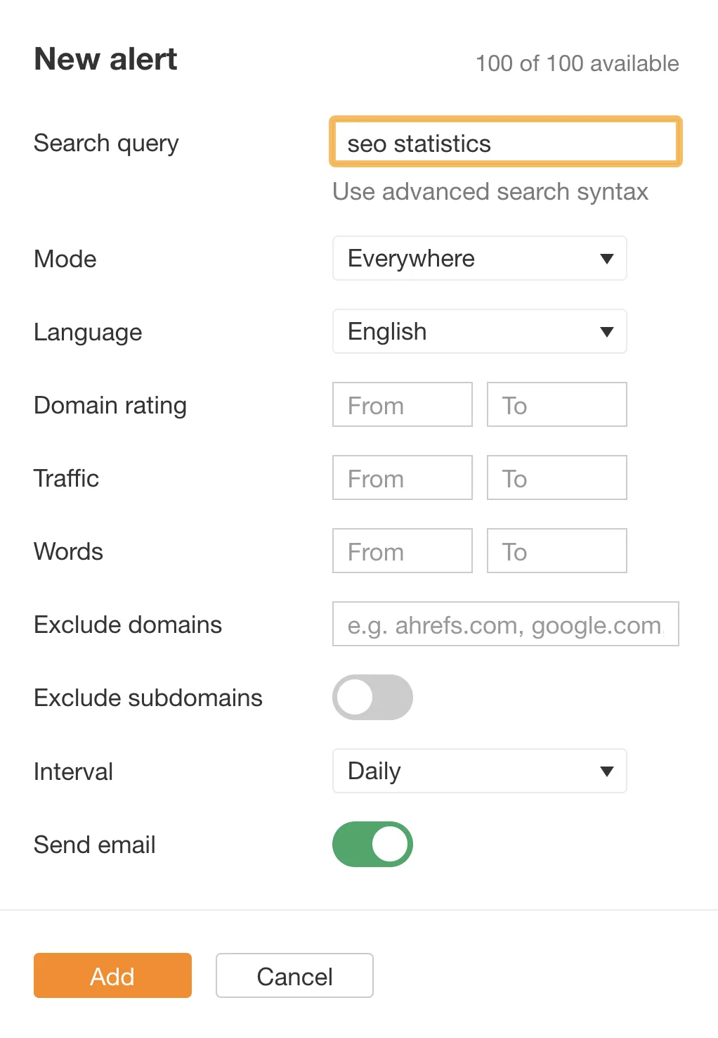 Ahrefs alerts 中的 “SEO statistics”（SEO 统计）提醒截图