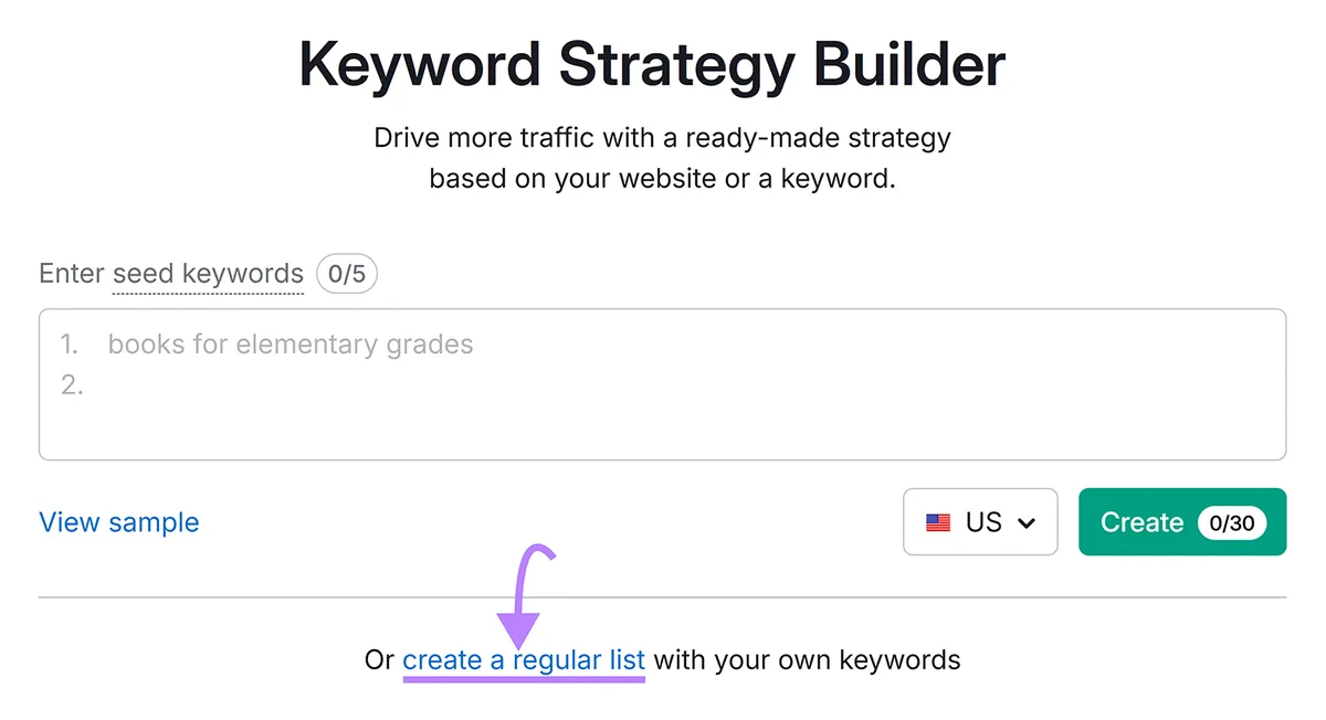 Semrush Keyword Strategy Builder 显示创建普通关键词列表而非输入种子关键词的选项