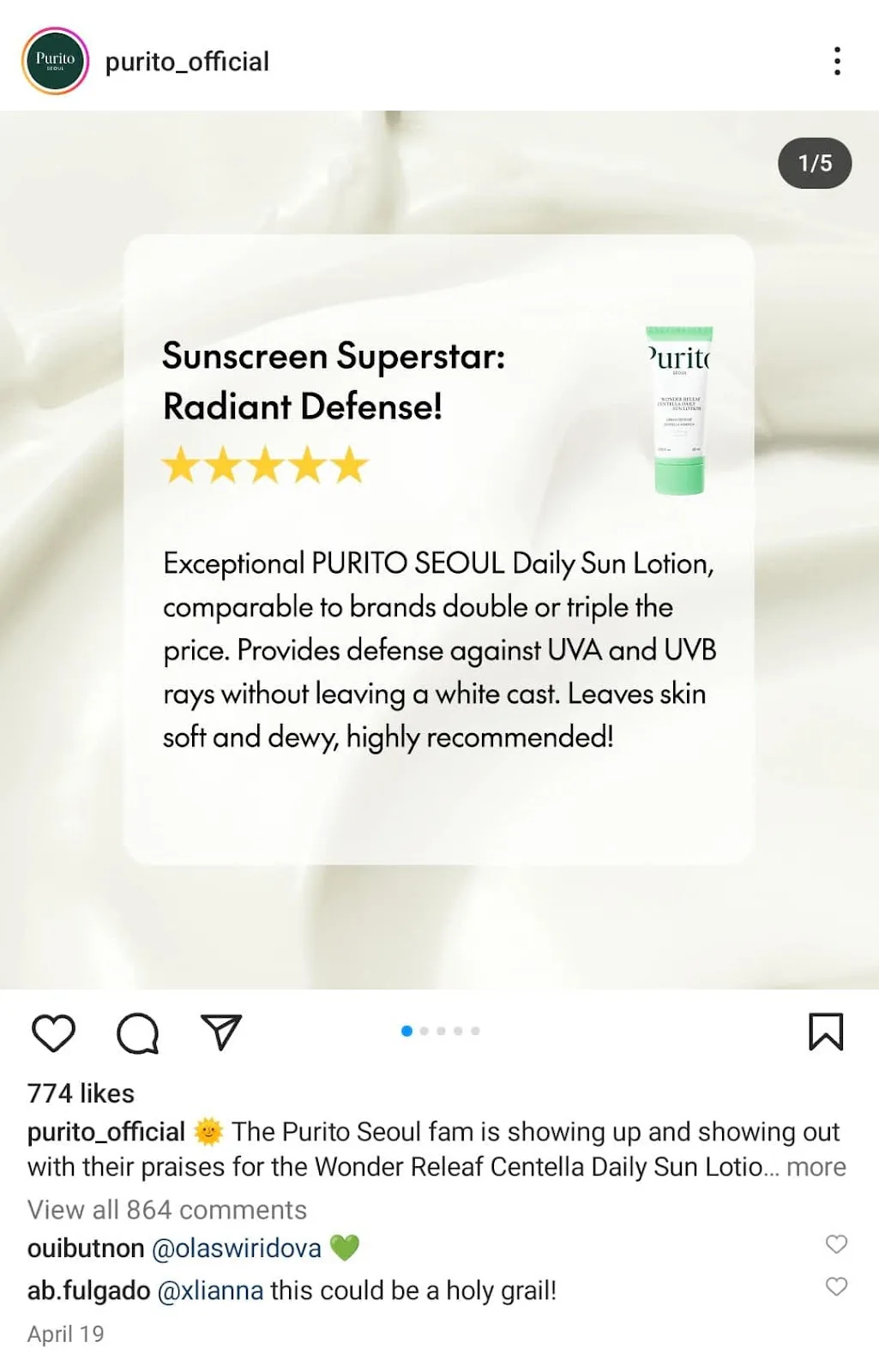 Purito Seoul 的 Instagram 帖子,高亮显示其防晒霜的客户评价。