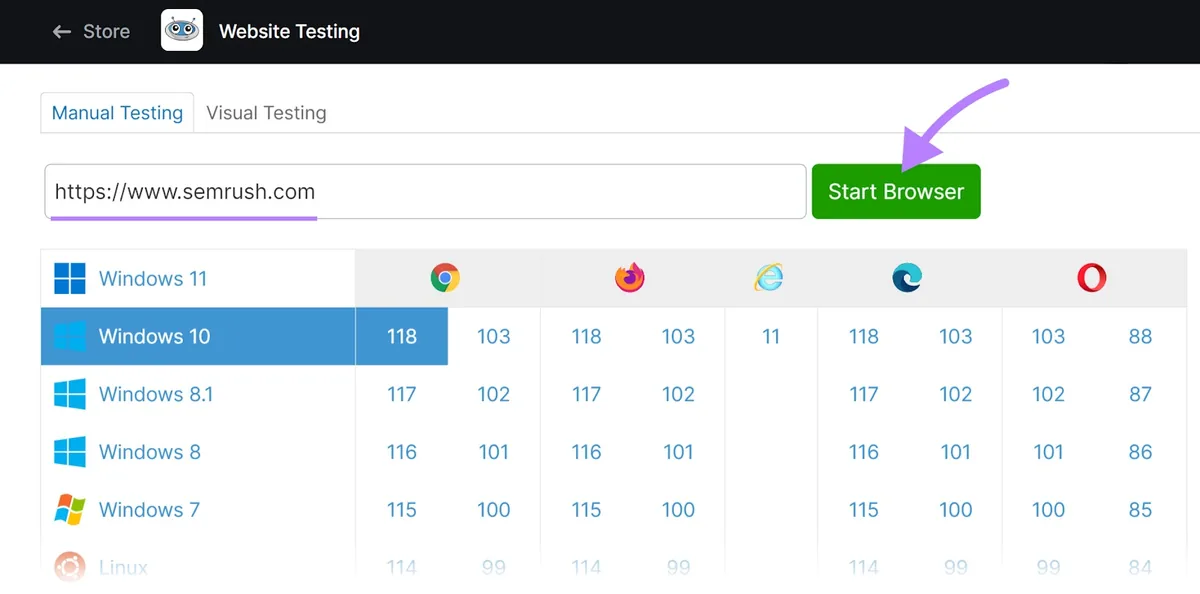 Website Testing 工具中的“手动测试”标签页,选择了“semrush.com”域名和“Windows 10”