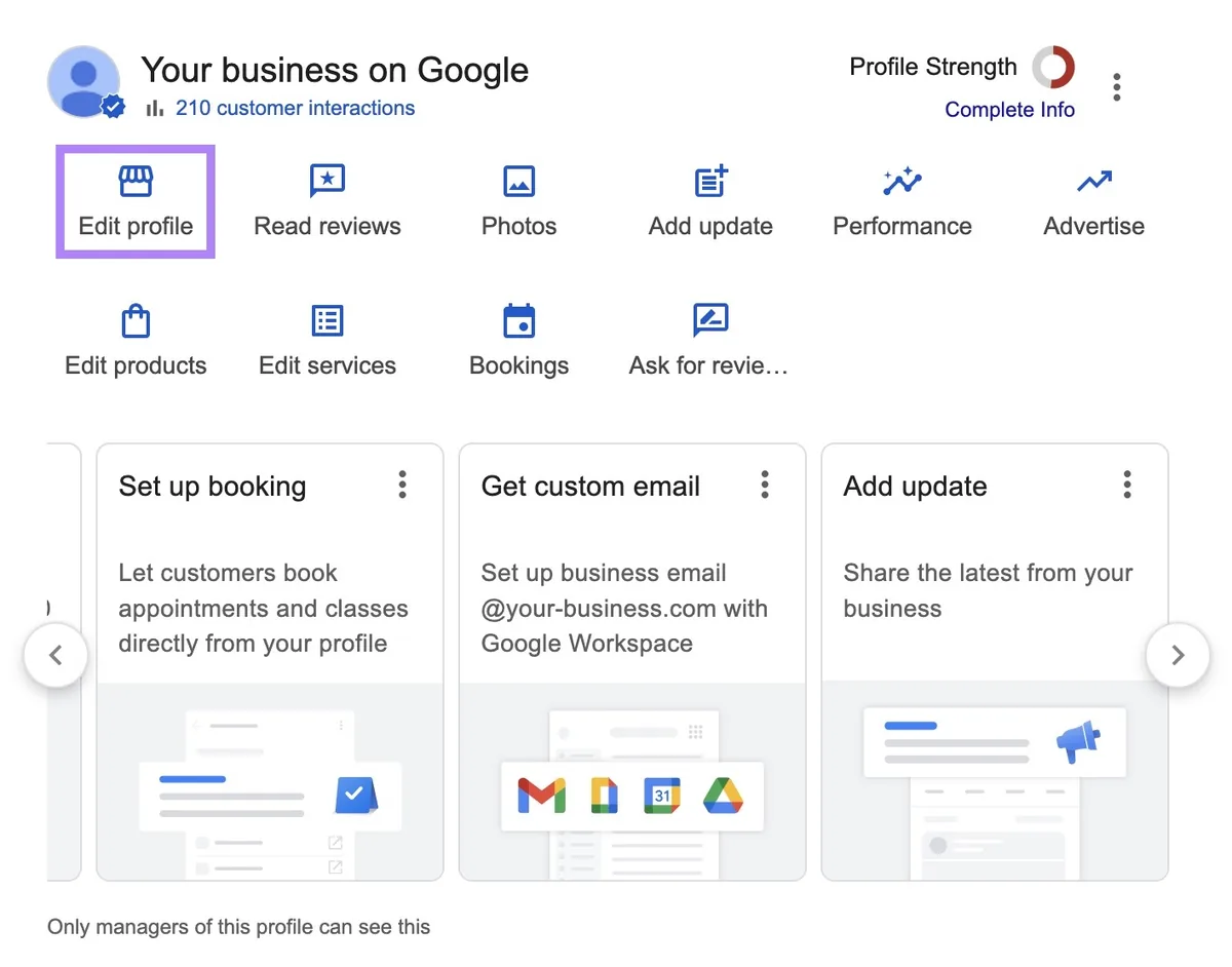 Google Business Profile 仪表板,“Edit profile”按钮已高亮显示。