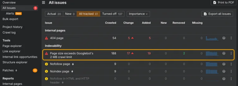 HTML 过大问题——在 Site Audit 中的位置。