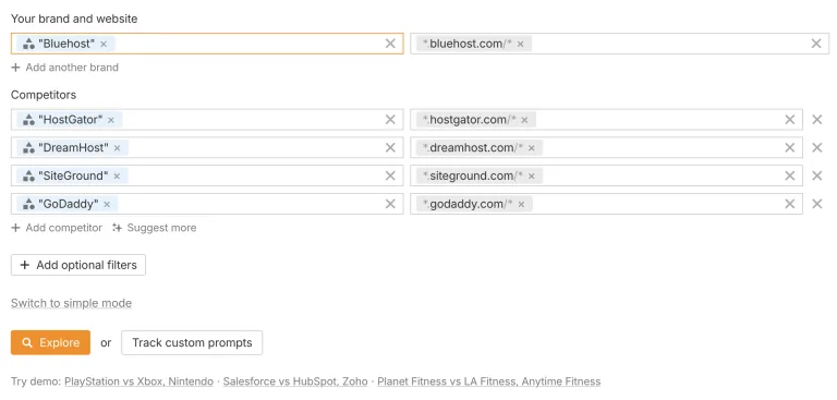 Ahrefs Brand Radar 针对 Bluehost 及其网站的设置,建议的竞争对手为 HostGator、DreamHost、SiteGround 和 Hostinger。
