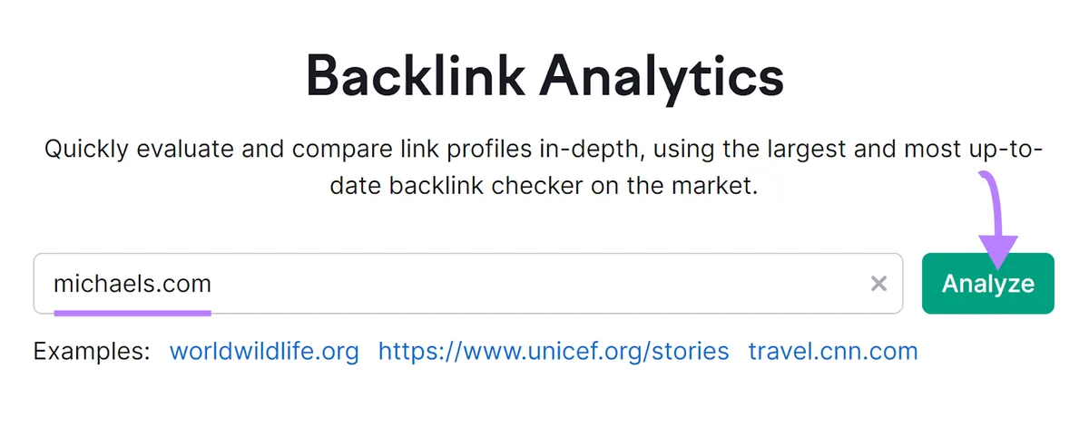 在 Backlinks 搜索栏中输入的“michaels.com”