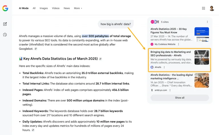 一个展示 Ahrefs 数据统计的 Google 搜索结果页面,其中高亮显示的摘要回答了“how big is ahrefs' data?”。