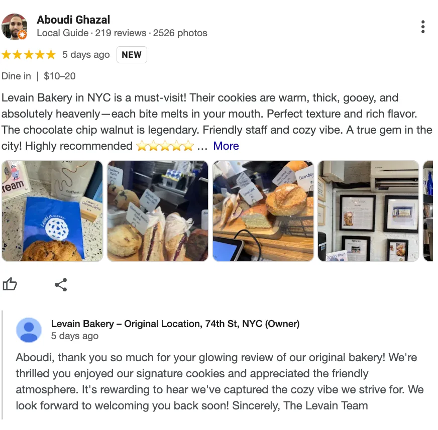 Levain Bakery 对顾客正面反馈的贴心回复。