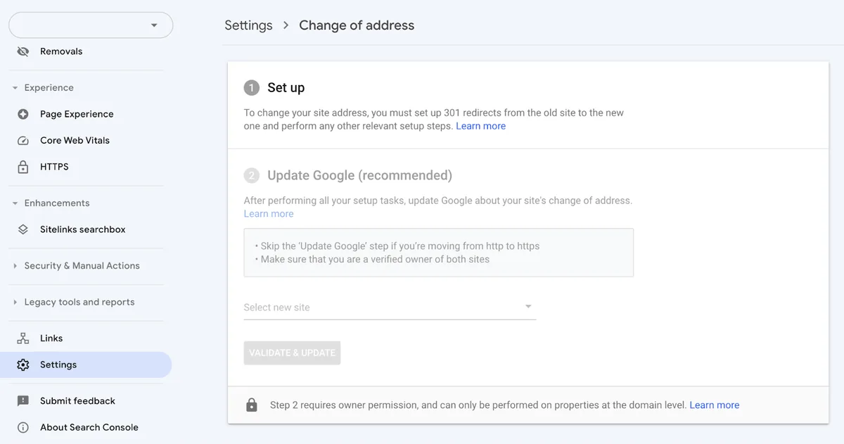 Google Search Console 中的地址变更页面