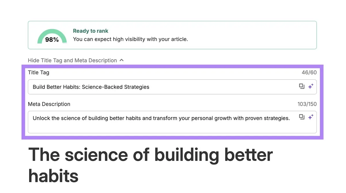 AI Article Generator 上生成的结果,高亮标题标签和元描述。