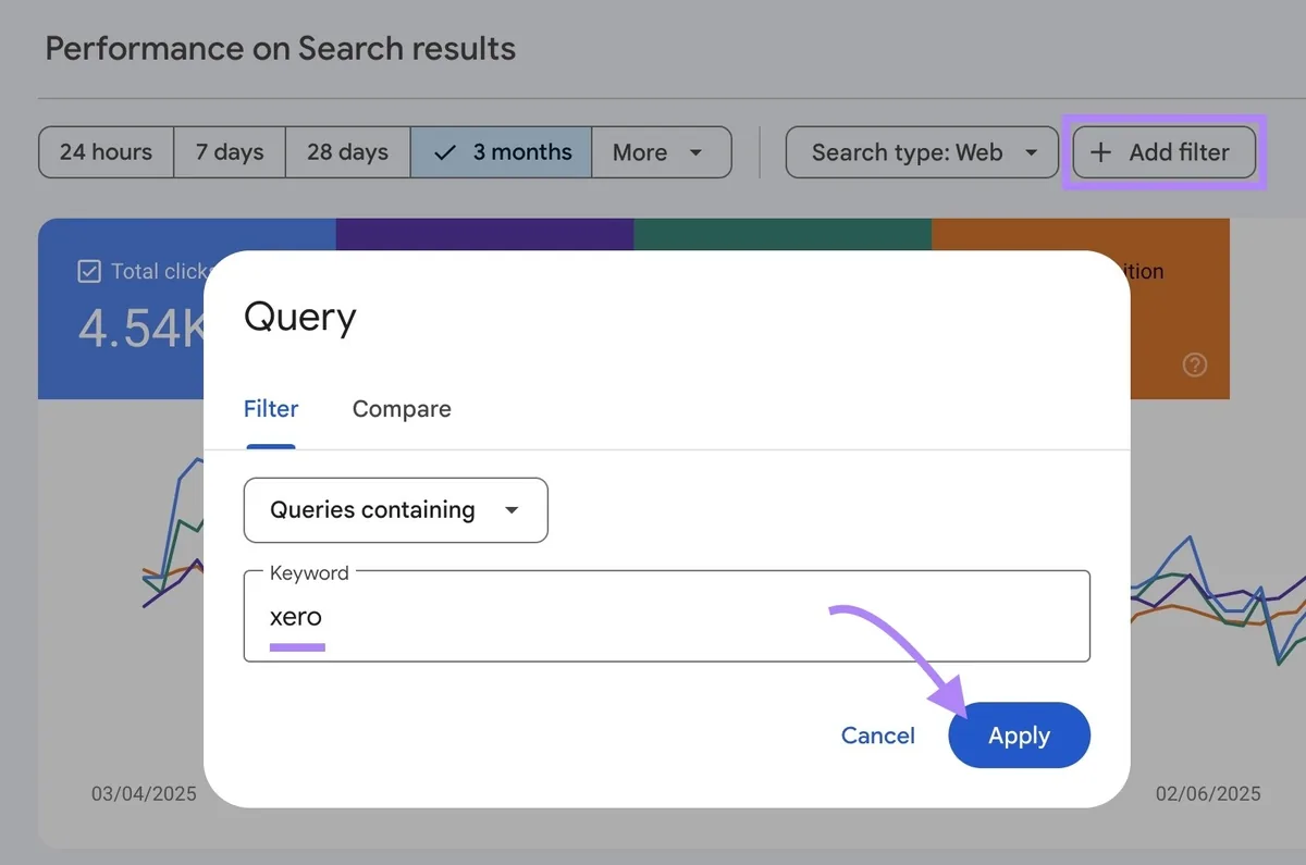 在 Google Search Console 上应用“Query”过滤器，关键词输入“xero”并点击“Apply”。